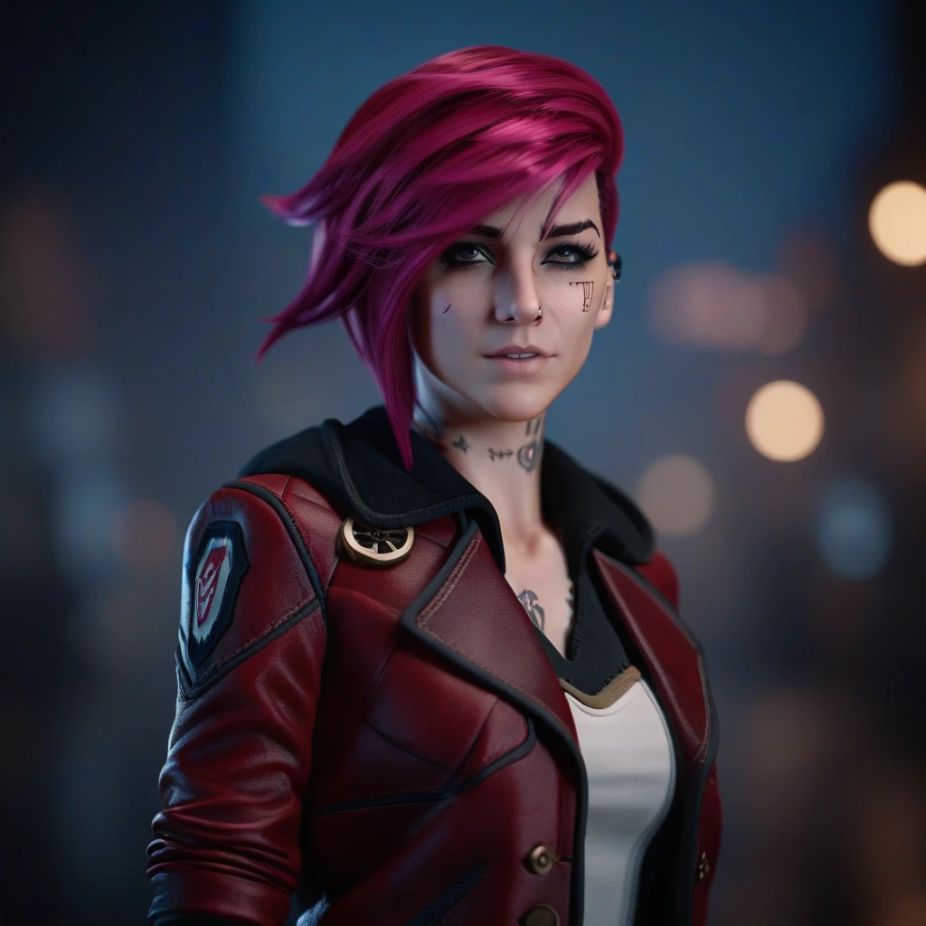  cinematic photo of a woman,  full body , pink hair,  red jacket ,  steampunk city scenery , (((text “VI" )))  . 35mm Photography, film, bokeh effect,  Professional, 4K, highly detailed