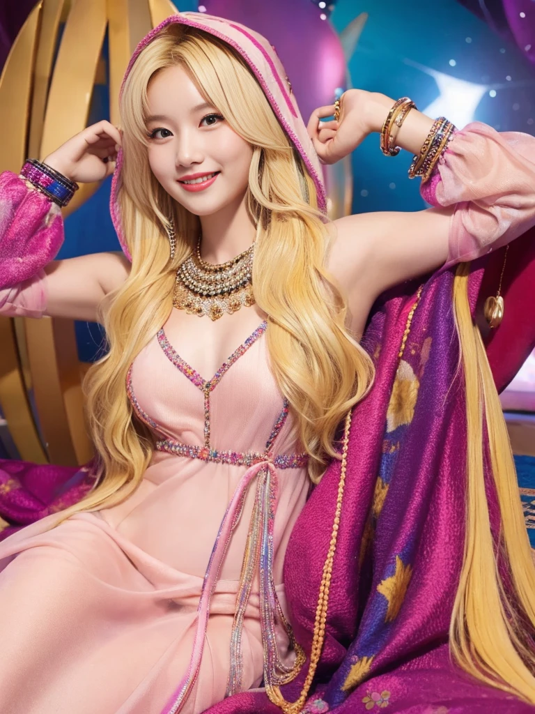 a woman in a dress posing on a carpet, long hair, breasts, smile, blonde hair, multicolored hair, hood, bracelet, lips, pink dress