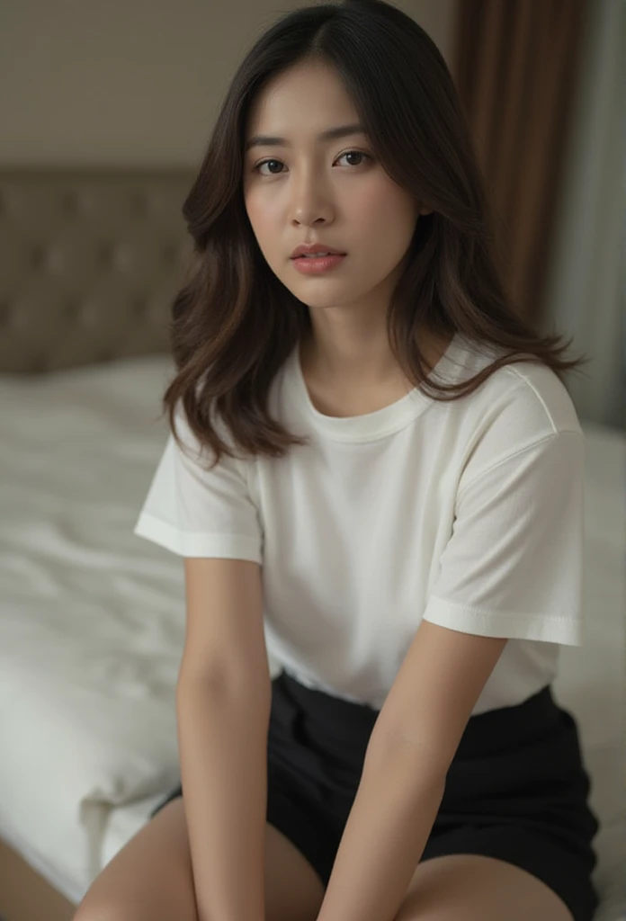 A photography of thai woman 18 years old wearing white short sleeve shirt knee pose, sitting on bed, bedroom,((show panties under black mini skirt)), open leg 