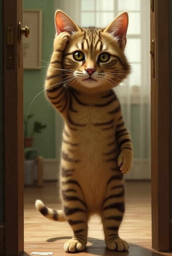 ((They dance a light dance on the ))、 touches her head in the living room when she opens the door ((Cait Sith))のBrown Tiger Cat  、 2本足で歩く下膨れな顔をしたBrown Tiger Cat ((Cait Sith))  is reflecting while touching her head in the living room、Has an awkward face 、 Cat that looks at the viewer with only its face facing here 、飼い猫のBrown Tiger Cat が人間のように振る舞うユーモラスな世界観、Brown Tiger Cat 。