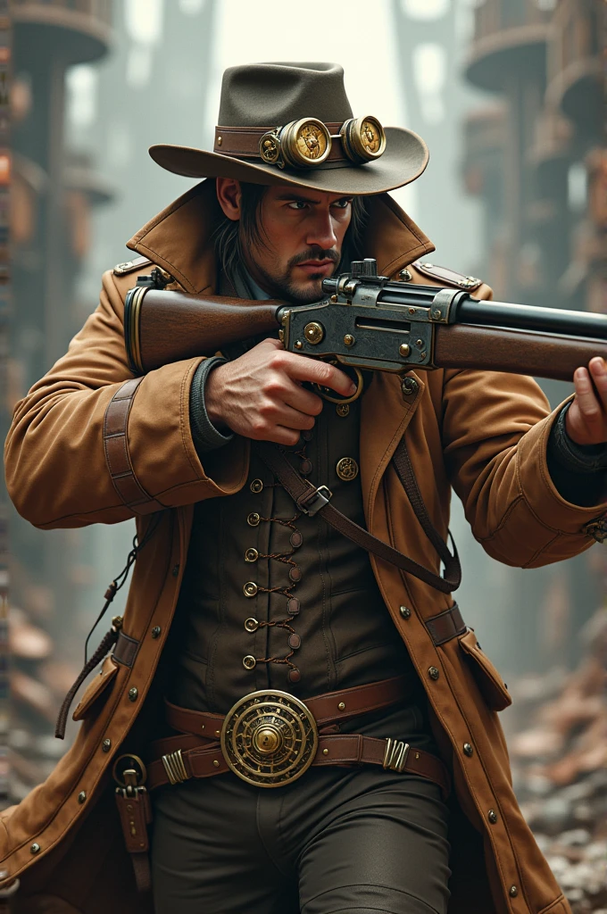 Make a steampunk character, with a hunting rifle