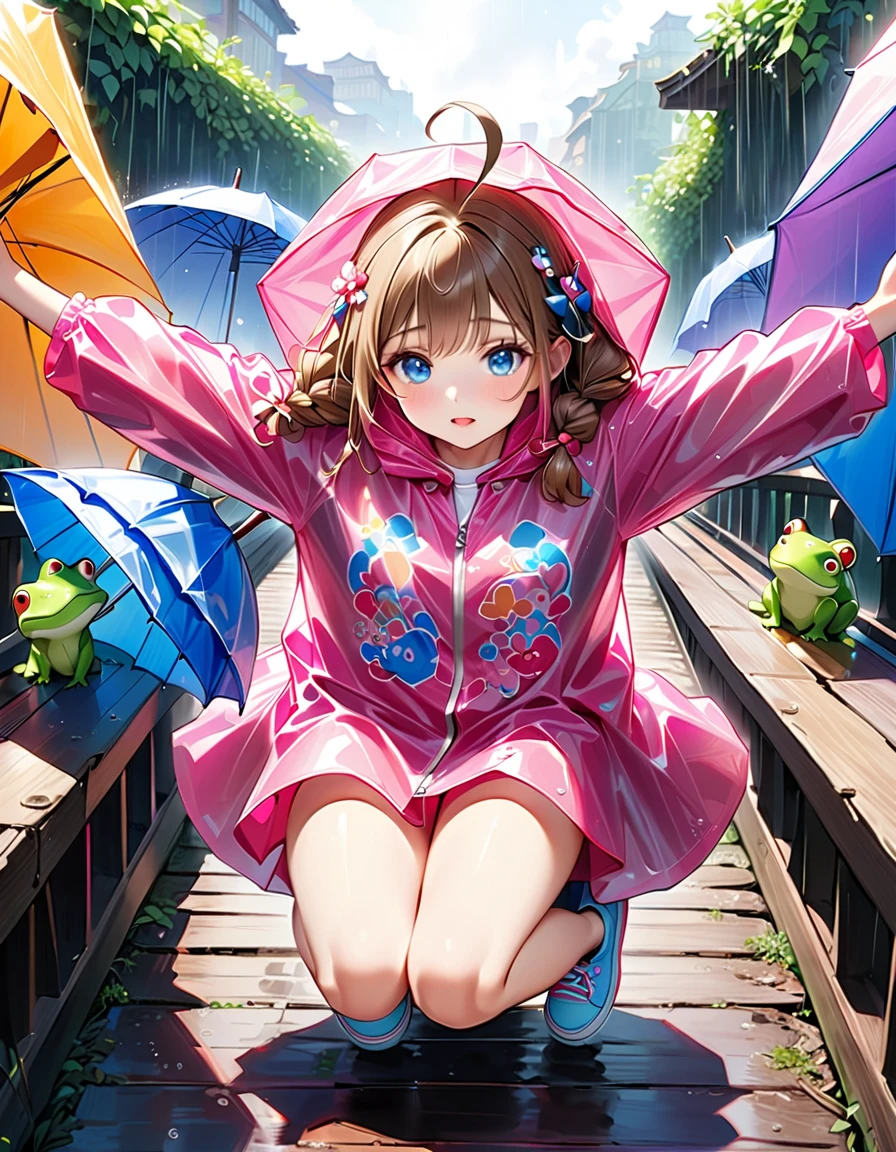 (( climb the bridge parapet:1.5))、(( one girl :1.5)、((Girl:1.5)))、university student:1.5、 best quality、 high definition 、 detailed background、 beautiful face down to the smallest detail 、 anatomically correct、detailed expression、fine grain、((whole body, from obliquely down :1.5, side view:1.5)), Cute brown hair color、 big, beautiful blue eyes 、Full lips、 pink lips、 braids twin tails 、((Ahoge:1.5))、( Spread your arms in parallel and flap :1.5)、(Wear raincoats for s :1.5、 cute t-shirt:1.5、 cute below-knee skirt :1.5、Cute hair accessories:1.5、Cute Shoes:1.5、 carry a lot of umbrellas:1.5)、((Laugh out loud:1.2、Cheerful expression:1.2))、break ( The background is an ultra-thin long suspension bridge in a deep ravine:1.5、 Deep fog is hanging :1.5、Shitoshi and Rain 、Bright sky:1.5、Frog)