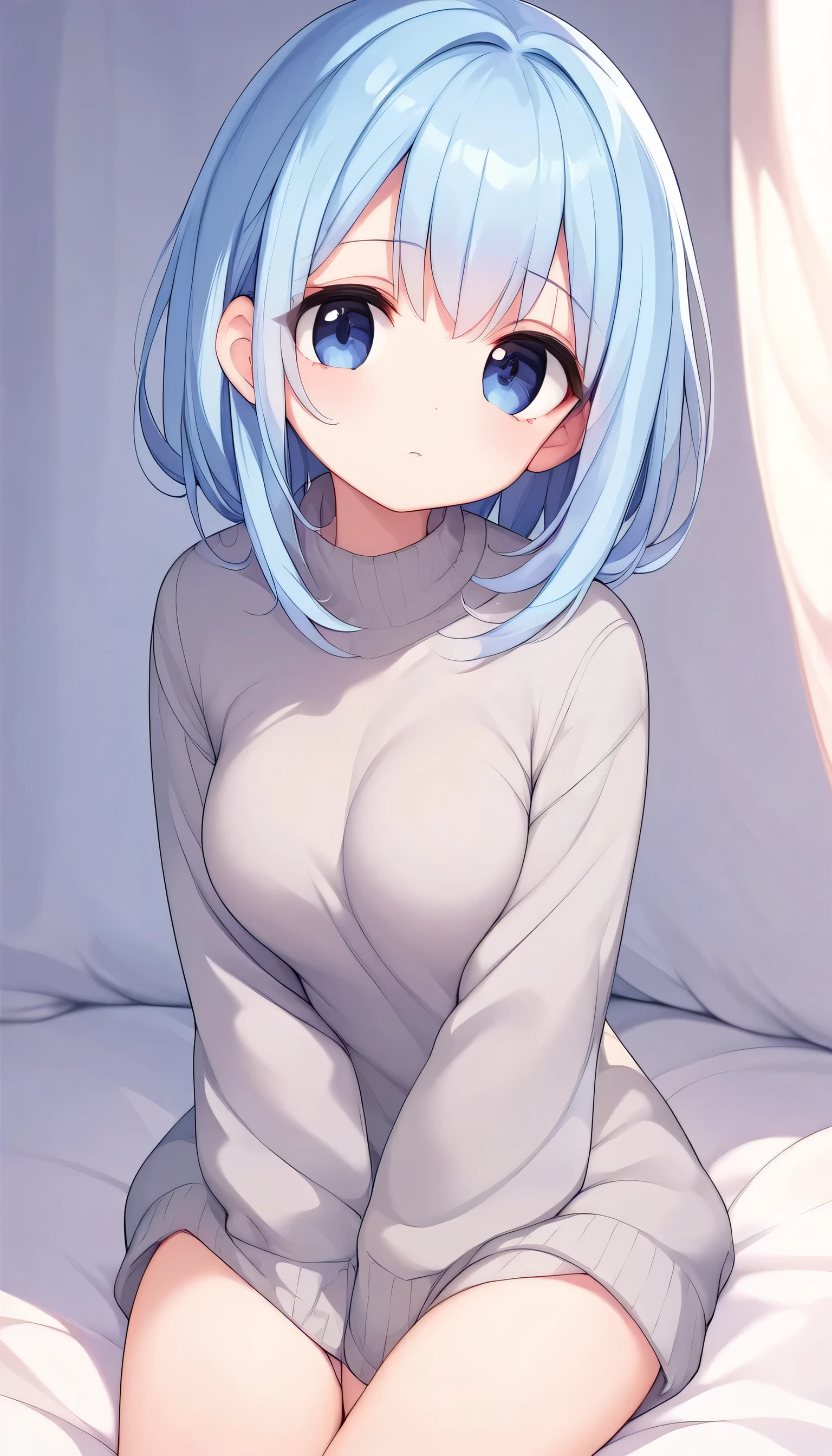 best quality、High image quality、8k、 1 girl、 long sky blue hair 、 dark eyes、 medium breasts、Grey sweater、Moe sleeves、Sitting down、 look up