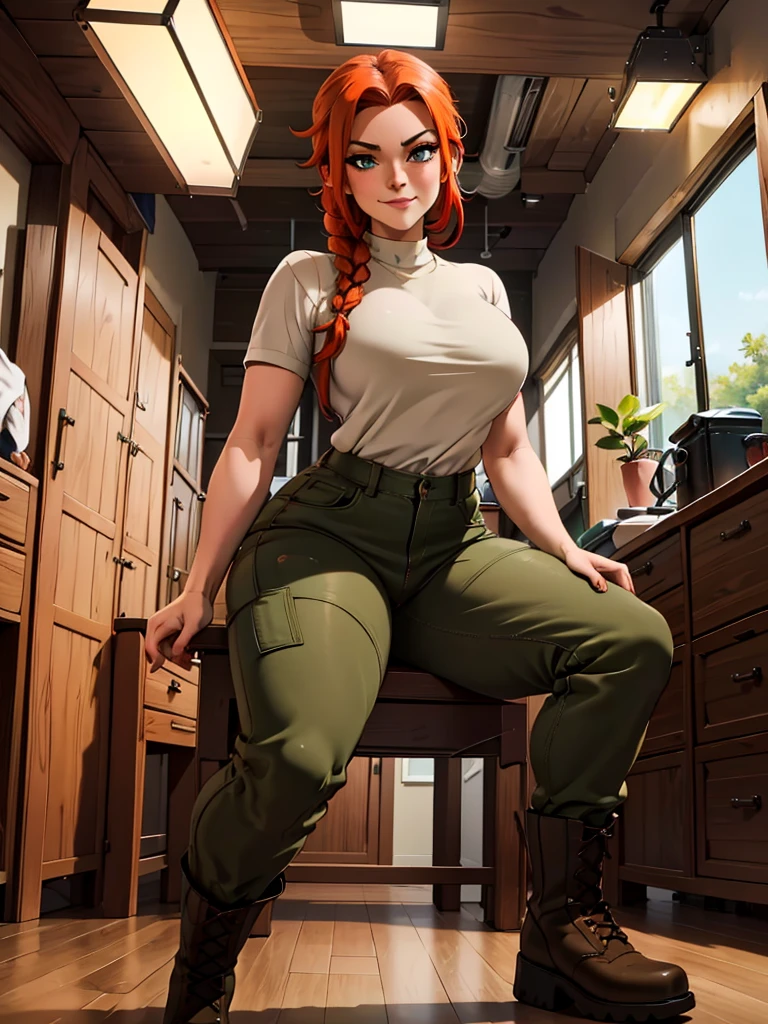 (best quality,4k,8k,highres,masterpiece:1.2),ultra-detailed,realistic:1.37,portrait, anthro very sexy bandicoot  girl lesbian redhead, braided hair, beautiful green eyes, seductive, warm sweater, hants to camouflage pants, army boots, smirking, cozy lighting, vibrant colors. Futanari, lewd,    night, crotesc