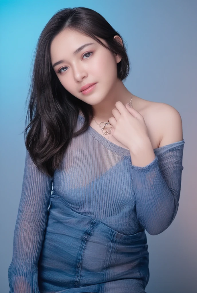 stunning 4K resolution, a serene young woman poses against a soft, gradient blue background, subtly blending into the frame's edges. Her face glows with a subtle sheen, eyes sparkling like polished gemstones. A fitted sweater hugs her curves, intricate folds and texture meticulously detailed. A delicate necklace adorns her neck, facets catching dramatic lighting that casts a warm glow on her porcelain skin. The artwork exudes ultra- detailed realism, vibrant colors seeming to leap off the screen