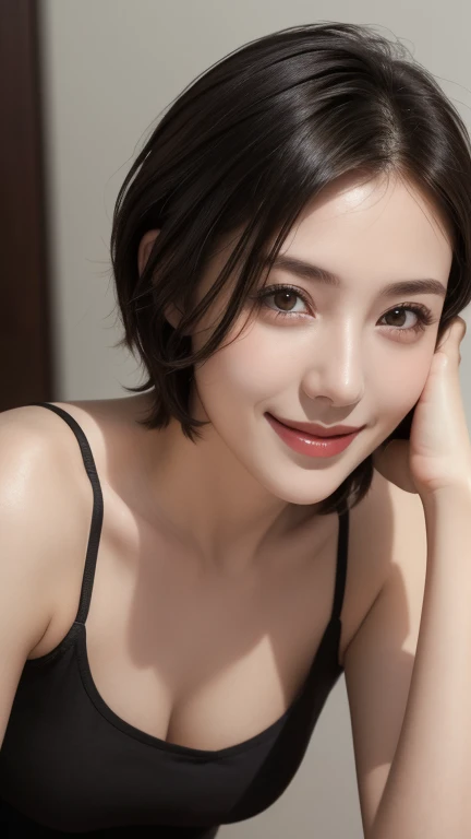 masterpiece,Highest quality,One girl,Very detailed,Improves skin quality,Ultra-high resolution,Very delicate,super high quality,Detailed face,Beautiful Eyes,(short hair:1.3),Beautiful Nose,Off the shoulder,Exposed cleavage,looking at the camera,((Dark Background)),Detailed lighting,Shining Model,Emphasize the chest,Shiny skin,Beautiful shadows,(from_above:1.3),A big smile
