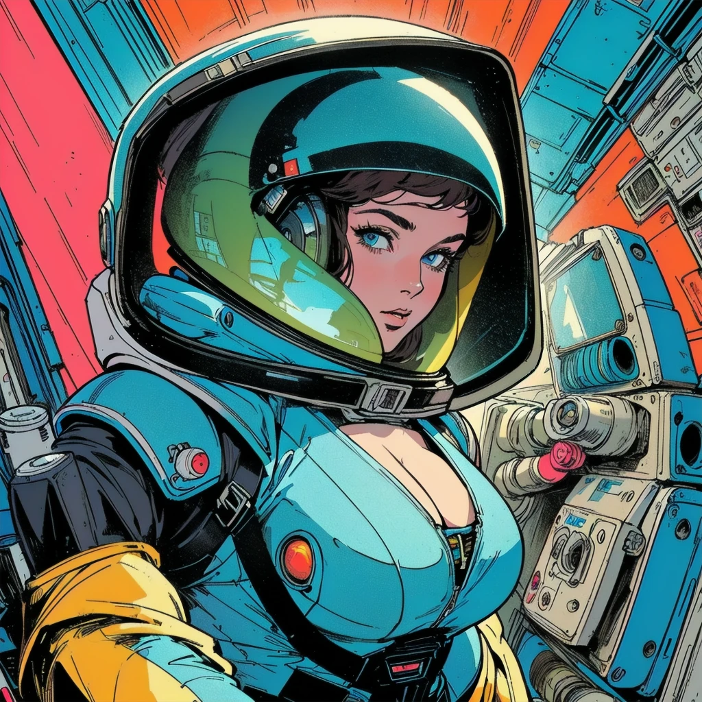 Use this prompt to create an image in the style of 1950s-70s comic book art. Use bold outlines, halftone patterns. Employ intense, saturated colors reminiscent of vintage four-color printing. Maintain a psychedelic, otherworldly atmosphere with swirling, colorful skies and strange celestial bodies. Emphasize the contrast between light and shadow to create a dramatic, pulp sci-fi feel. Create an image of: a sexy space girl in a tight coverall, large breasts, fullbody photo, ass to the camera, firing a raygun