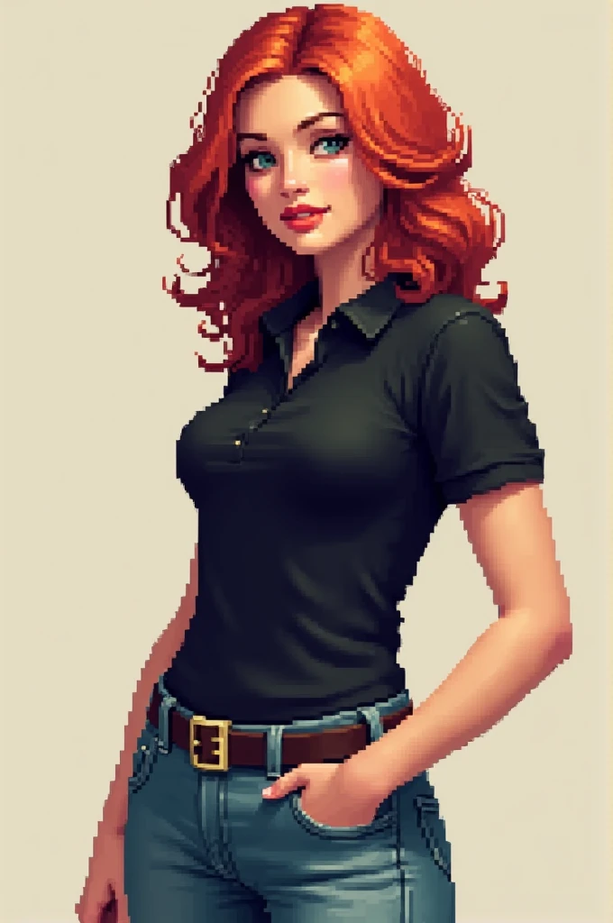 Make a Pixia-style woman princess in a black polo blouse written to manage her fat red hair and jeans