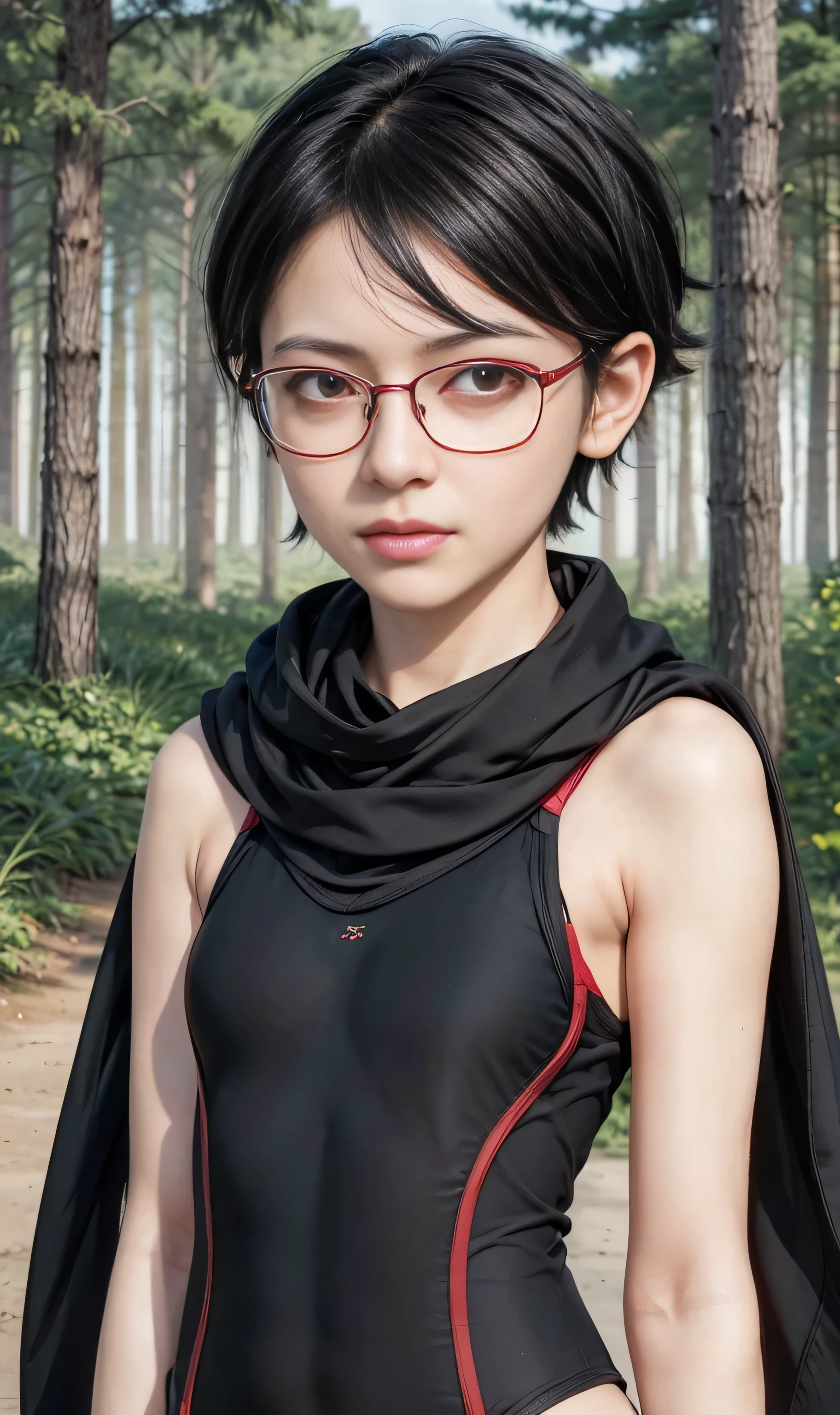masterpiece, best quality, (realistic,photo-realistic:1.4), (RAW photo:1.2), extremely detailed CG unity 8k wallpaper, delicate and beautiful, amazing,finely detail, official art, absurdres, incredibly absurdres, huge filesize, ultra-detailed,extremely detailed eyes and face,light on face,sarada,(little smile:1.2),(black hair:1.4),(very short hair:1.4),nature,sarada uchiha ,(wearing black framed glasses:1.5),(wearing bodysuit:1.5),lake,(black scarf:1.4),(red eyes:1.6),junggle