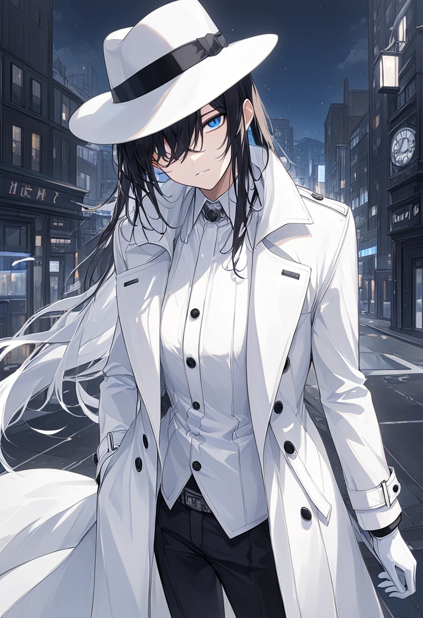 white fedora, white trench coat, black suits, night town street