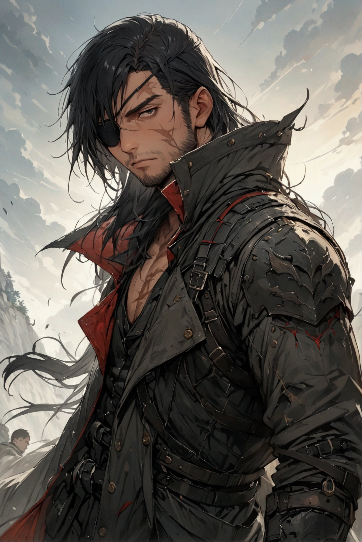 Highest image quality, outstanding details, ultra-high resolution, masterpiece, the best illustration, favor details, highly condensed male, dark haired man, lone male, medium-length hair, left eyepatch, eyepatch, rugged clothes, scar on face, gloves, long coat, facing towards camera, male only, battleworn clothes, long coat, armored coat, gray skies, tall dark and handsome,