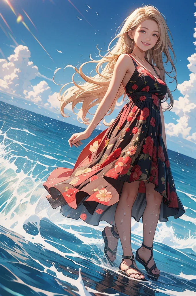 (8k,  super quality, masterpiece:1.2),  ultra high resolution,  One Woman , cute,  smaller breasts, blonde, Navy Blue Dress, Red floral pattern, Sandals, Hawaiian Dress, whole body, soaked,  like a ,  best smile, sea, sea水浴, Water Drop, whole bodyにWater Drop,  their chest is soaked in water , Lots of water, Water Play, 