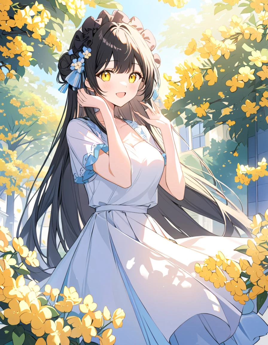 masterpiece,Sunny street , surrounded by osmanthus flowers,A cheerful expression,Rainbow Eyes, long black hair 