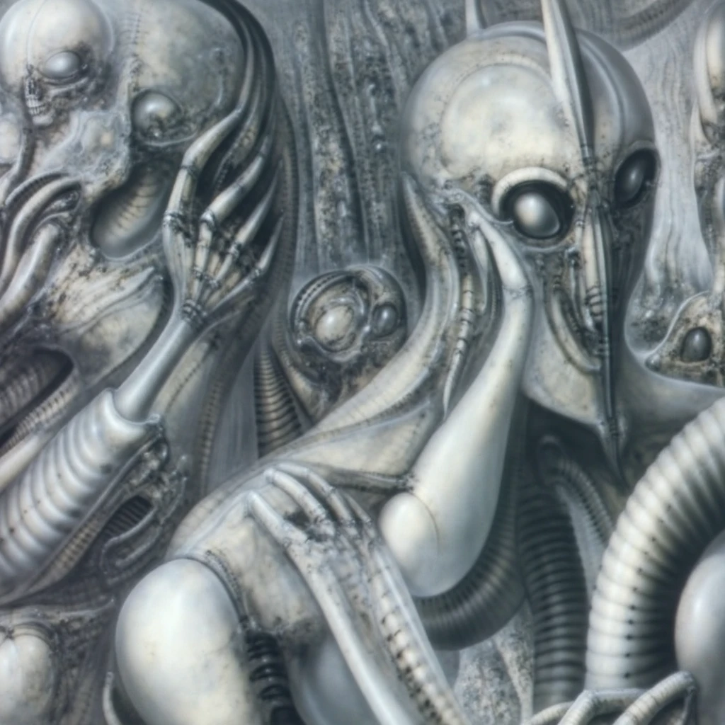 H. R. Giger's g1g3r, , Giger_style, H. R. Giger's g1g3r, , Giger_style, The image is a detailed view of H.R. Giger's \" Aleph (work 210) \" plate, featuring  toned grayscale drawing of biomechanoid. By giger in gigeresqe style  a prominent presence of the alien figure, which appears to be an extraterrestrial. By giger in gigeresqe style  (best quality:1.4), anatomically correct limbs, (Triadic:1.1), (Proportion:1.1),  , (Reflected light:1.2), Parchment, ultra detailed, intricate,, dry b (best quality:1.4), H.R. GIGER,  BY GIGER