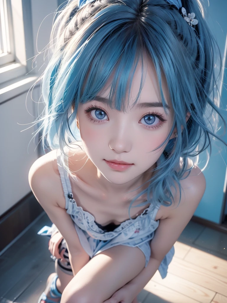 (masterpiece), (  Best Quality ), ( Super detailed),(  Messy Hair ),(illustration), (1 female),   to a standing , Smile,    beautiful detailed eyes ,   Light Blue Eyes , pretty, (Ayaka Kamisato: 1.2),  Focused on face  ,   ponytail, Ayaka Kamisato(  Genshin Impact ),  Light Blue Hair ,  Detailed hair ,  Bangs, Optimal lighting ,   Best Shadow ,   Very Detailed ,   bright color all over the body ，Leg and heel 