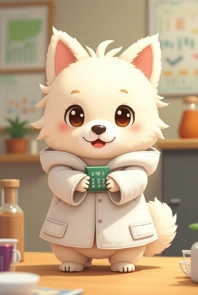 「Sei-kun 」 The cute small dog character named 、 large eyes and an expressive face where he works as an assistant to impersonate 。Sei-kun は、 is a small, fluffy, short-haired dog 、 and has an impressive 。 has big ears and stands up 、 and has an impressive tail that wags well 、 is lined up with tools and items that are conscious of savings and ecology 。 wears a slightly larger white coat 、 has an overall energetic and adorable atmosphere 、 The role of helping with experiments and saving techniques It shows {x} emphasizes her unreliable yet charming appearance as an assistant。 with a small notebook or calculator in one hand 、 depicts people supporting experiments with a strong sense of curiosity 。Sei-kun の表情は興奮気味で、 is a design that makes you feel a friendly atmosphere 。In the background、 financial chart 、Piggy bank、 reusable items, etc. 、 creates a warm laboratory atmosphere 、 。 overall educational 、Playful、 the white coat is cute and slightly rough 。