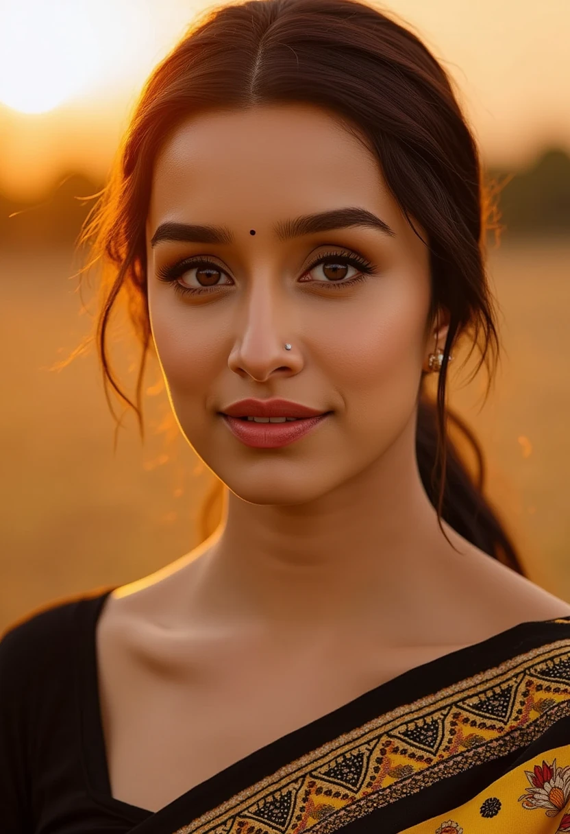 a woman in a black and yellow patterned saree, beautiful detailed eyes, beautiful detailed lips, extremely detailed face and skin, long eyelashes, elegant pose, outdoor setting, sunset lighting, photorealistic, 8k, high quality, intricate details, vibrant colors, cinematic composition, fine art portrait