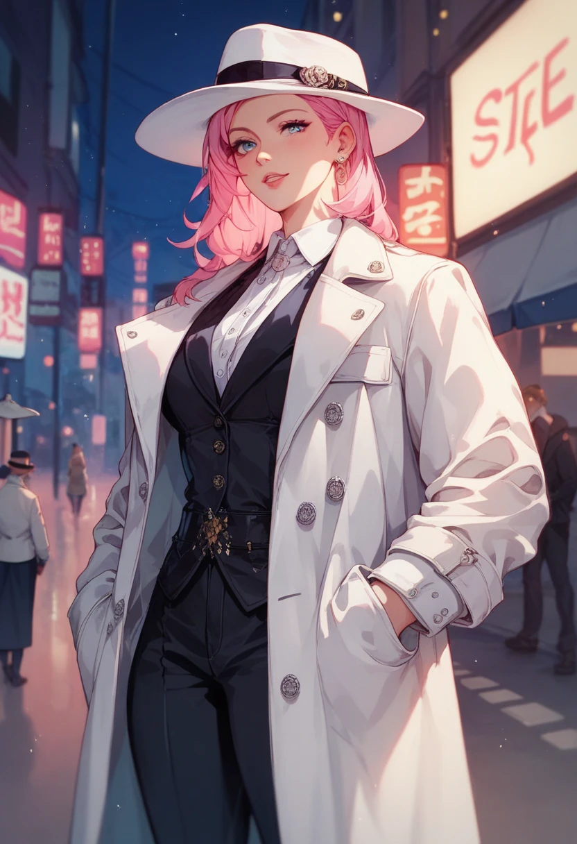 pink hair, white fedora, white trench coat, black suit, night street