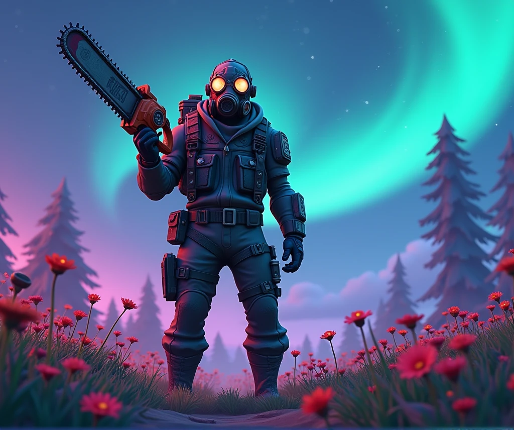  man in gas mask holding a chainsaw in a field of flowers , Aurora in the sky、Cyberpunk Art by Mike "Beeple" Winkelman , Trending on deviantart,  amazing realism ,  retro punk nature wave defender, masterpiece  Spectacular Retrowave Art,  synthwave art style from the 2009 sci-fi 8k film ]!!,  Spectacular Retrowave Art, 