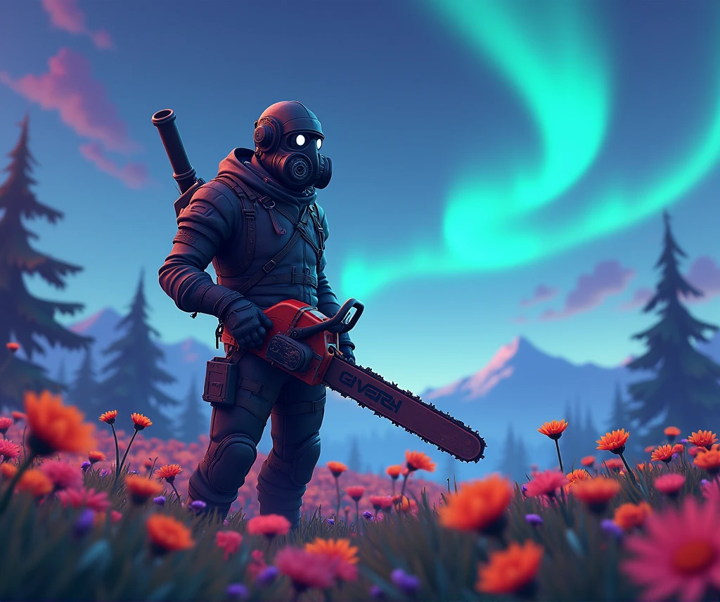  man in gas mask holding a chainsaw in a field of flowers , Aurora in the sky、Cyberpunk Art by Mike "Beeple" Winkelman , Trending on deviantart,  amazing realism ,  retro punk nature wave defender, masterpiece  Spectacular Retrowave Art,  synthwave art style from the 2009 sci-fi 8k film ]!!,  Spectacular Retrowave Art, 