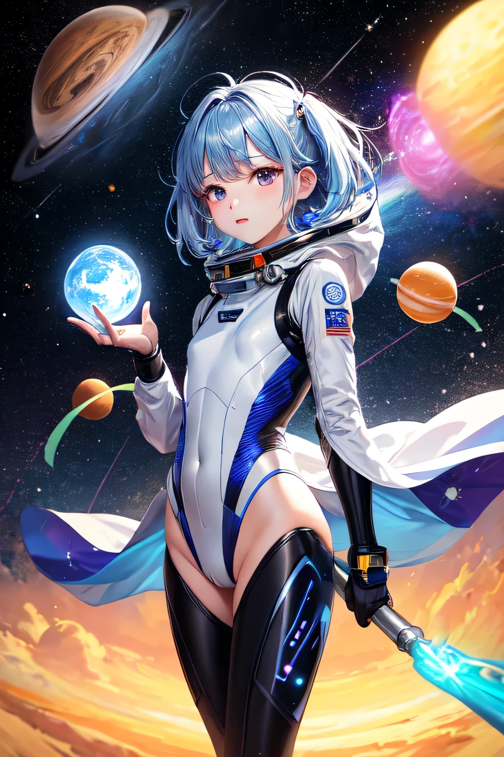 Figura feminina, anime, cabelo azul , roupa de astronauta , cabelo colorido arco iris , galaxy , Perspective view 3/4, rosto bonito, lowangle),UHD, HDR, 8K, (Obra-prima:1. 5)