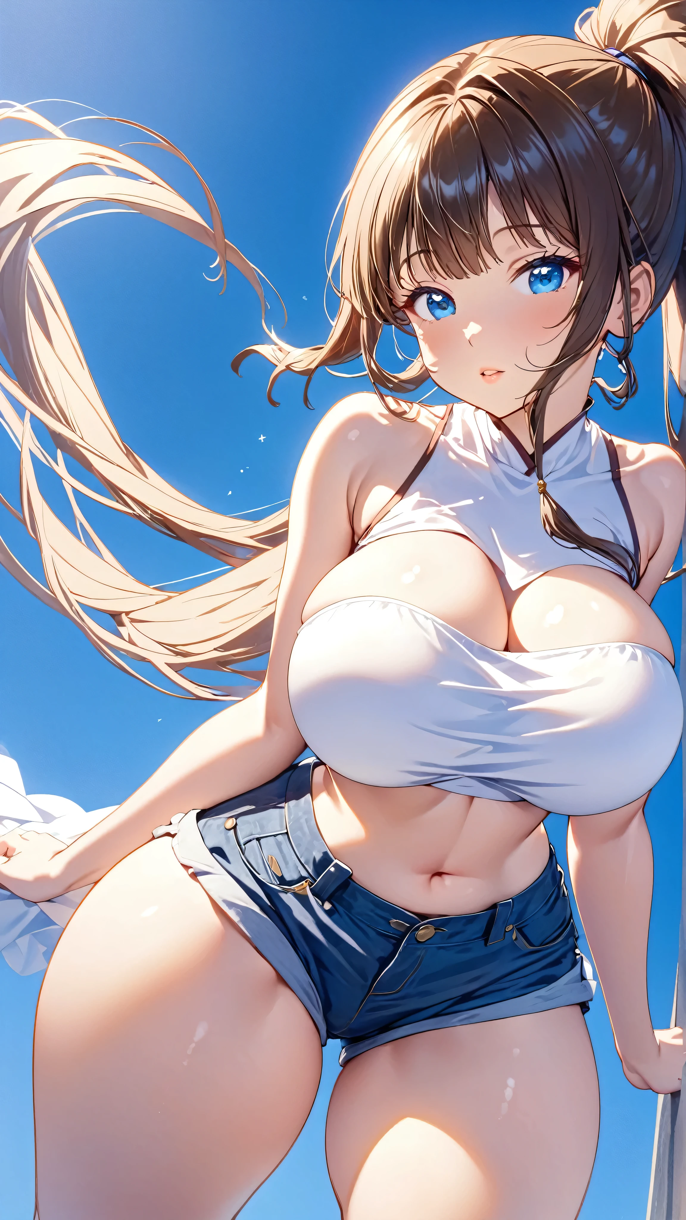 1girl,solo，Blue Background，huge breasts, crop top, short shorts, underboob, High Ponytail，Unbelievably long hair，cowboy shot,,looking at viewer，Simple style，wide angle,Dynamic Angle，(bangs_pinned_back:1.5),(head_tilt:1.7),(curvybody:1.1)，Lively posture，From the front，From below, looking at viewer, 