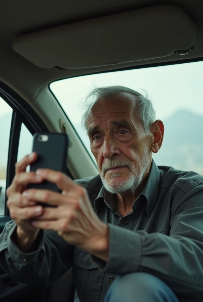 An elderly man who takes a photo of himself in the car with his cell phone and looks neutrally