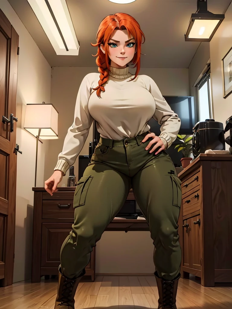 (best quality,4k,8k,highres,masterpiece:1.2),ultra-detailed,realistic:1.37,portrait, anthro very sexy  girl lesbian redhead, braided hair, beautiful green eyes, seductive, warm sweater, hants to unzipped camouflage pants, army boots, smirking, cozy lighting, vibrant colors. Futanari, lewd,    night, crotesc , penis, 