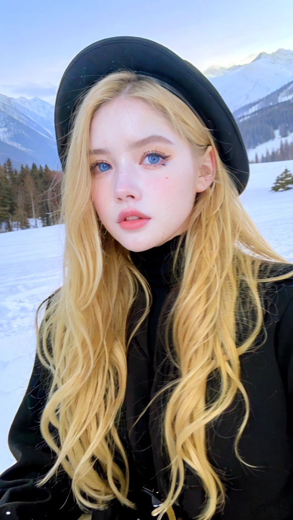 Pretty woman,cute,huge natural breasts, blonde hair curly/flowing, detailed dark BLUE eyes and face, not to skinny, make it ultra-realistic, western european girl, in the snow in the mountains, military uniform (modern military clothing elelments), extremely detailed blue eyes, extremely long wavy blonde hair