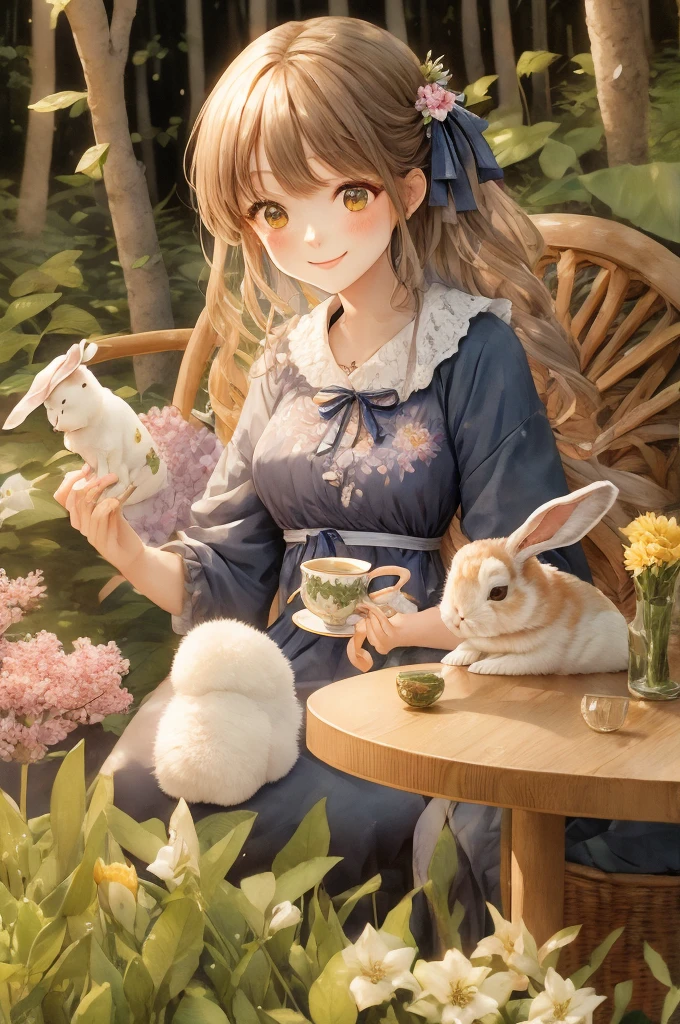 A smiling woman with a rabbit is enjoying tea time、 in a forest where flowers are blooming