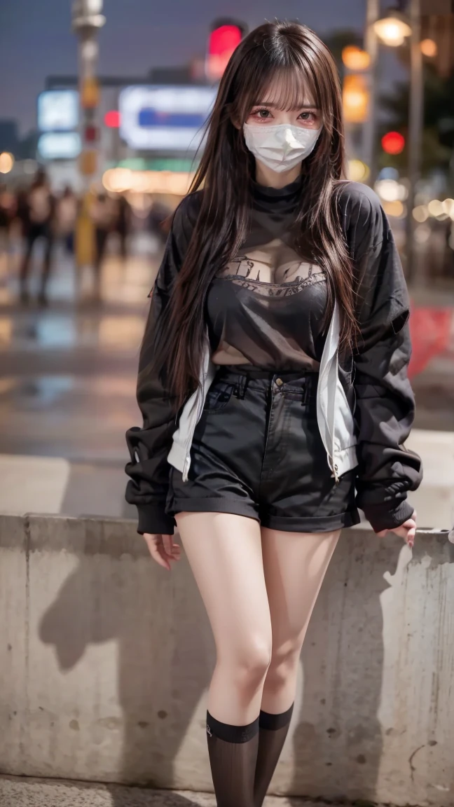 A woman standing across from a viewer,  black hair straight,  semi-long, Big eyes, Big eyes,  beautiful double eyelids ,  big teardrop bag ,  black hotpants, I'm wearing a white knit and a black jacket,  exposed leg ,  beautiful feet,  white skin, Height: 172cm,  eyes staring at viewers , Night Bar, Midnight, 22 o'clock, 20 years old,, Night view,  woman looking at my phone , Woman wearing a white medical mask 