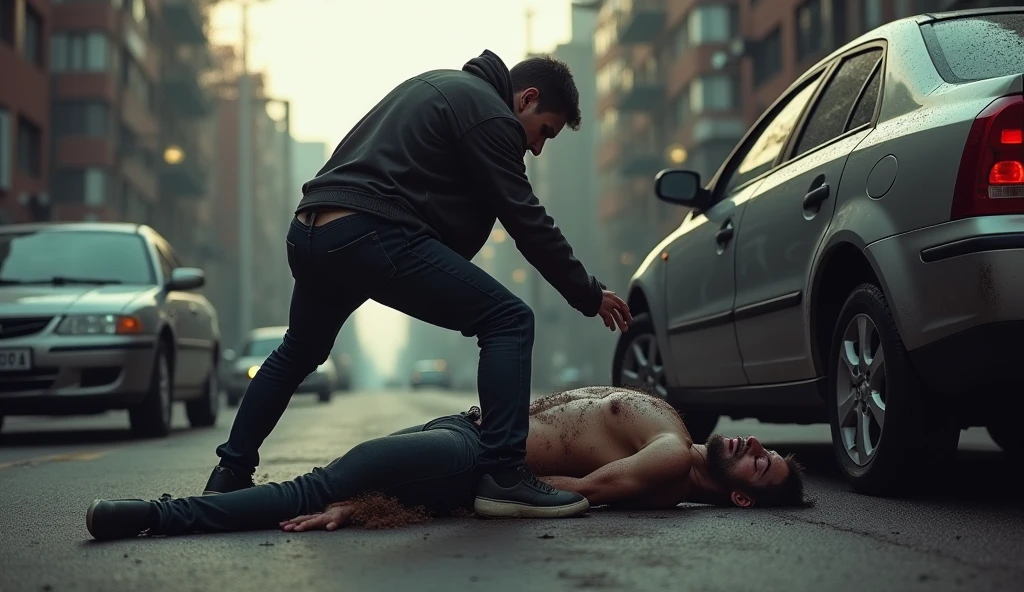 One man cuts another man with a knife,On the ground lay a woman covered in blood,There are two vans parked on the side of the road