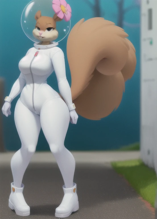 sandy-cheeks, (bubble helmet:1.3), furry female anthro, squirrel girl, portrait, (hair flower:1.1), (white skinsuit only covering upper half of body:1.2), solo, (body fur:1.2), (best quality), (detailed urban background:1.2), dramatic lighting, (detailed fluffy fur:1.1), looking at viewer,  small breasts, (tail:1.1), 