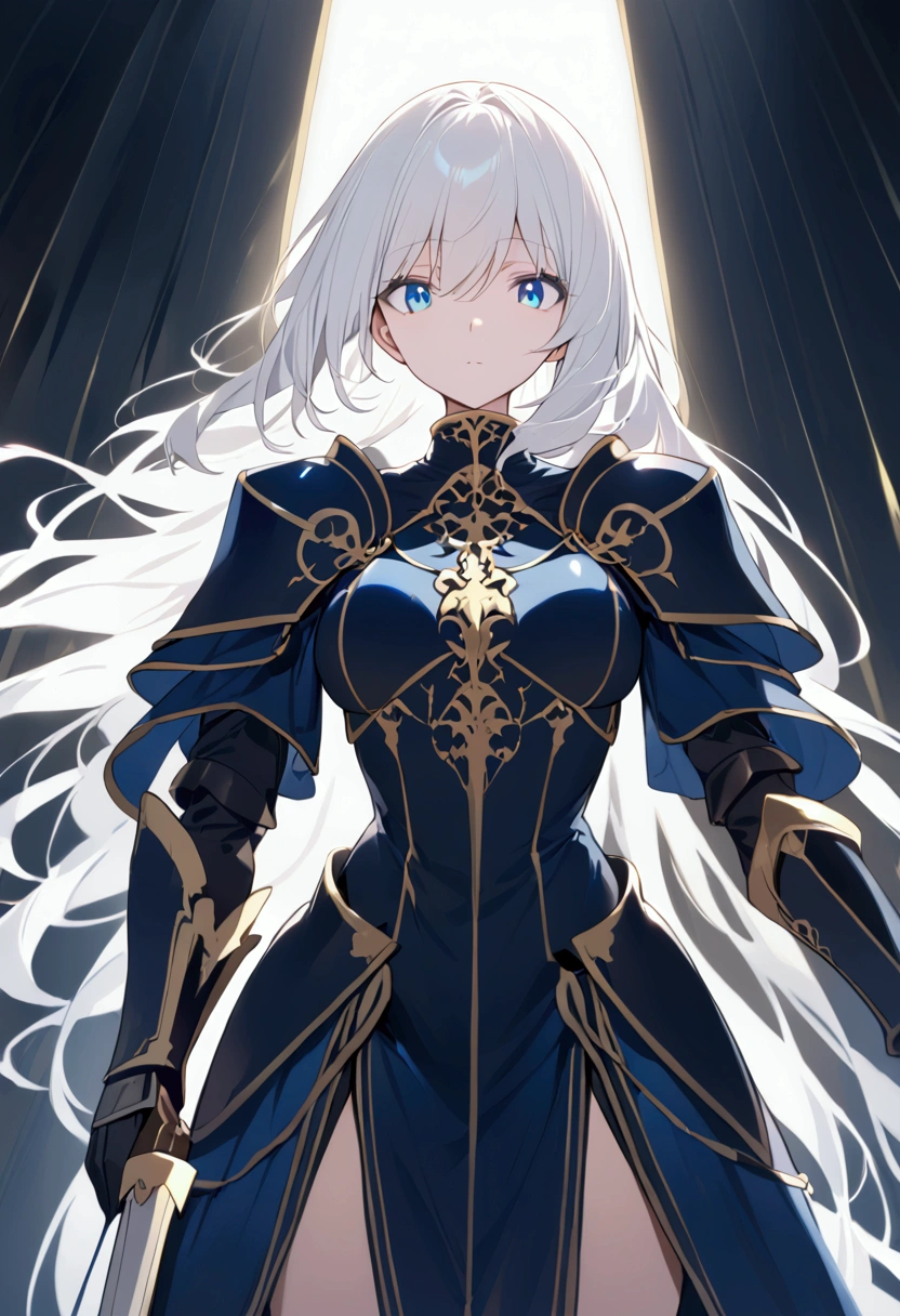 Knight in dark blue armor with gold lines,  white hair, Women, big sword,  blue eyes , bright eyes