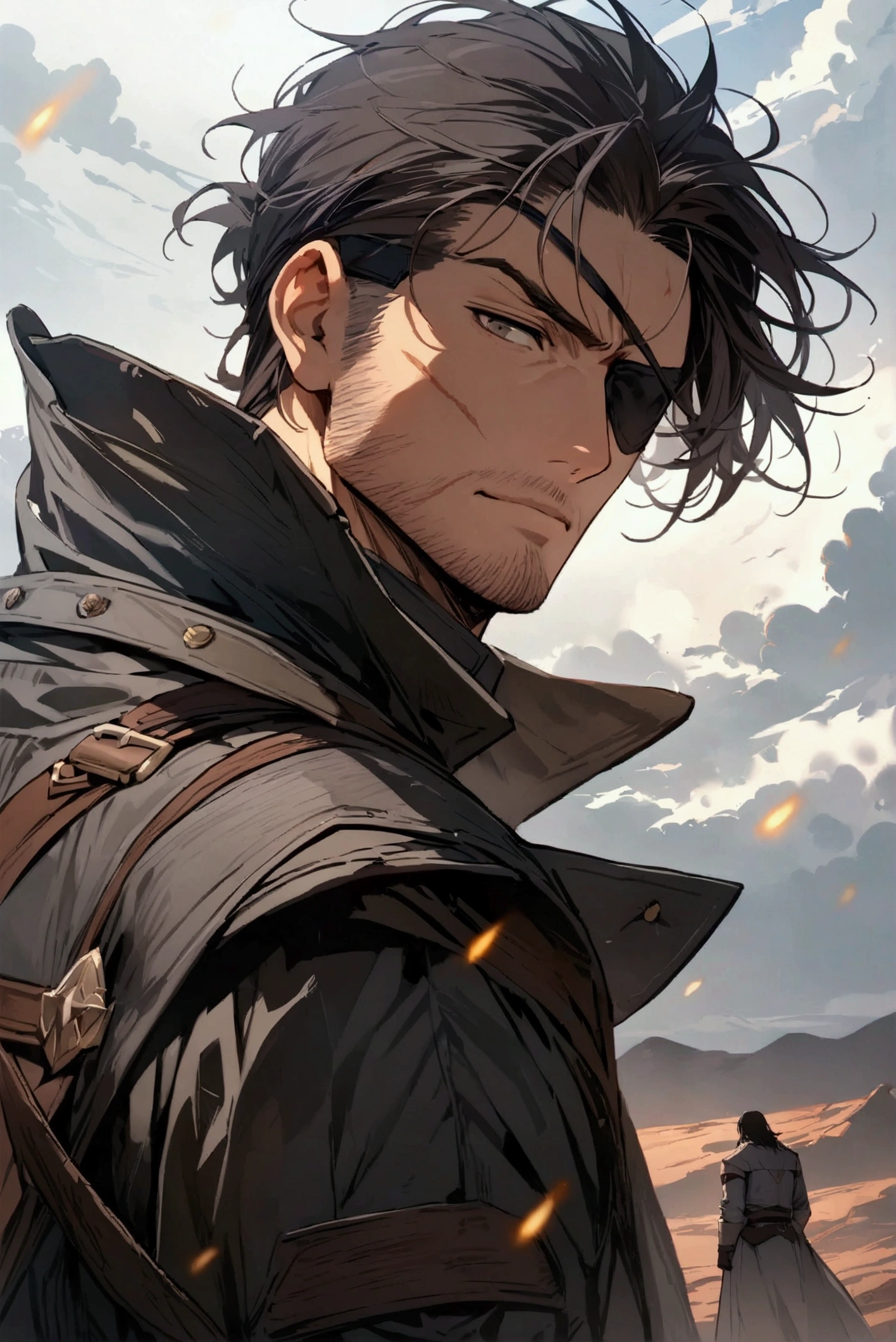 Highest image quality, outstanding details, ultra-high resolution, masterpiece, the best illustration, favor details, highly condensed male, dark haired man, lone male, medium-length hair, left eyepatch, eyepatch, rugged clothes, scar on face, gloves, long coat, facing towards camera, male only, battleworn clothes, long coat, armored coat, gray skies, tall dark and handsome, 