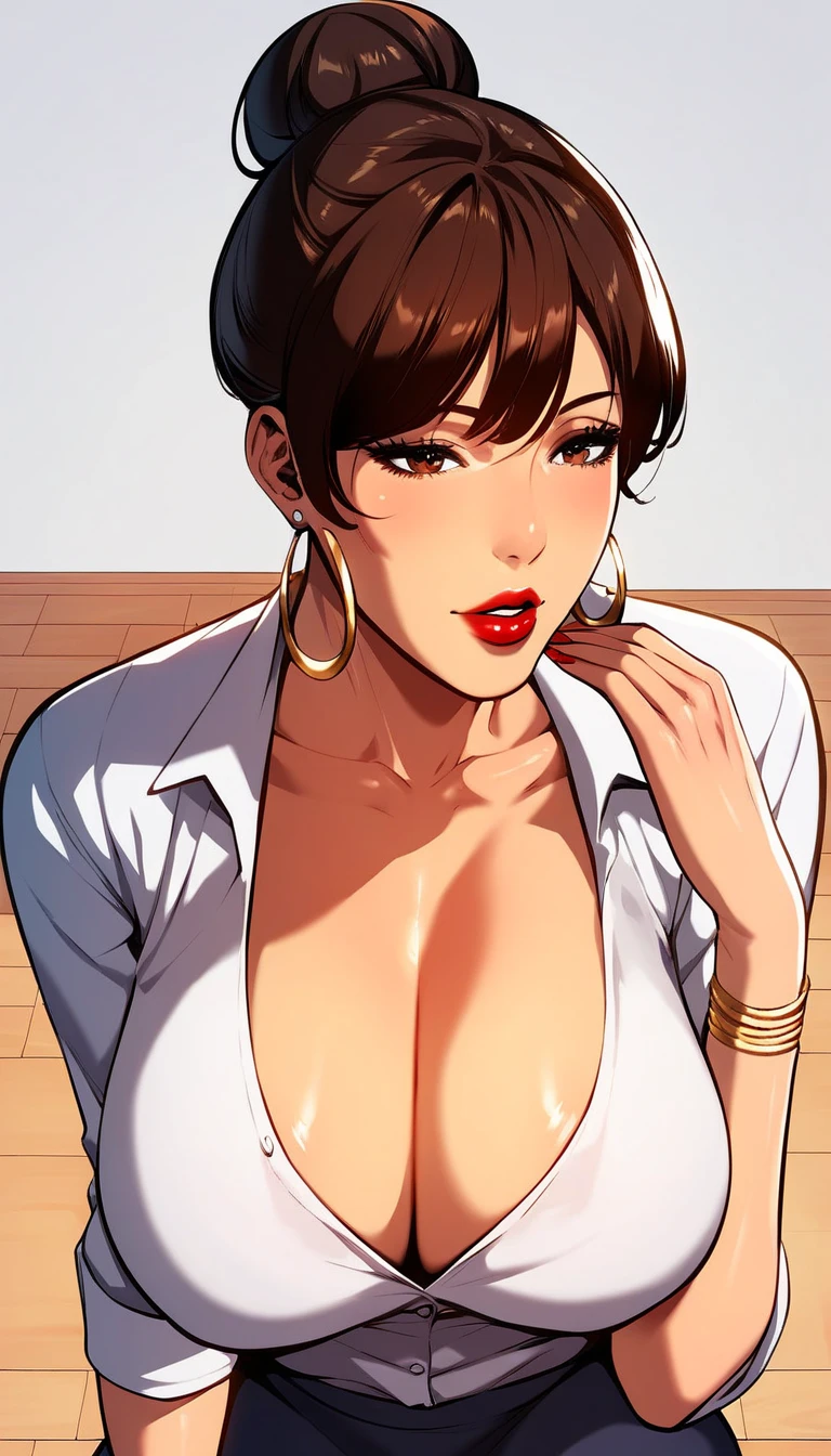 Hot beautiful sexy milf School teacher, Red lipstick, Long Earrings, Medium saggy breasts ,  brown hair , Hair Bun, Bracelets ,  Details,   Details brown eyes,  curvy body  , cartoon style ,Body Movement  ,  Details eyes,Comic Page, manfa art style  , teacher dress , School 