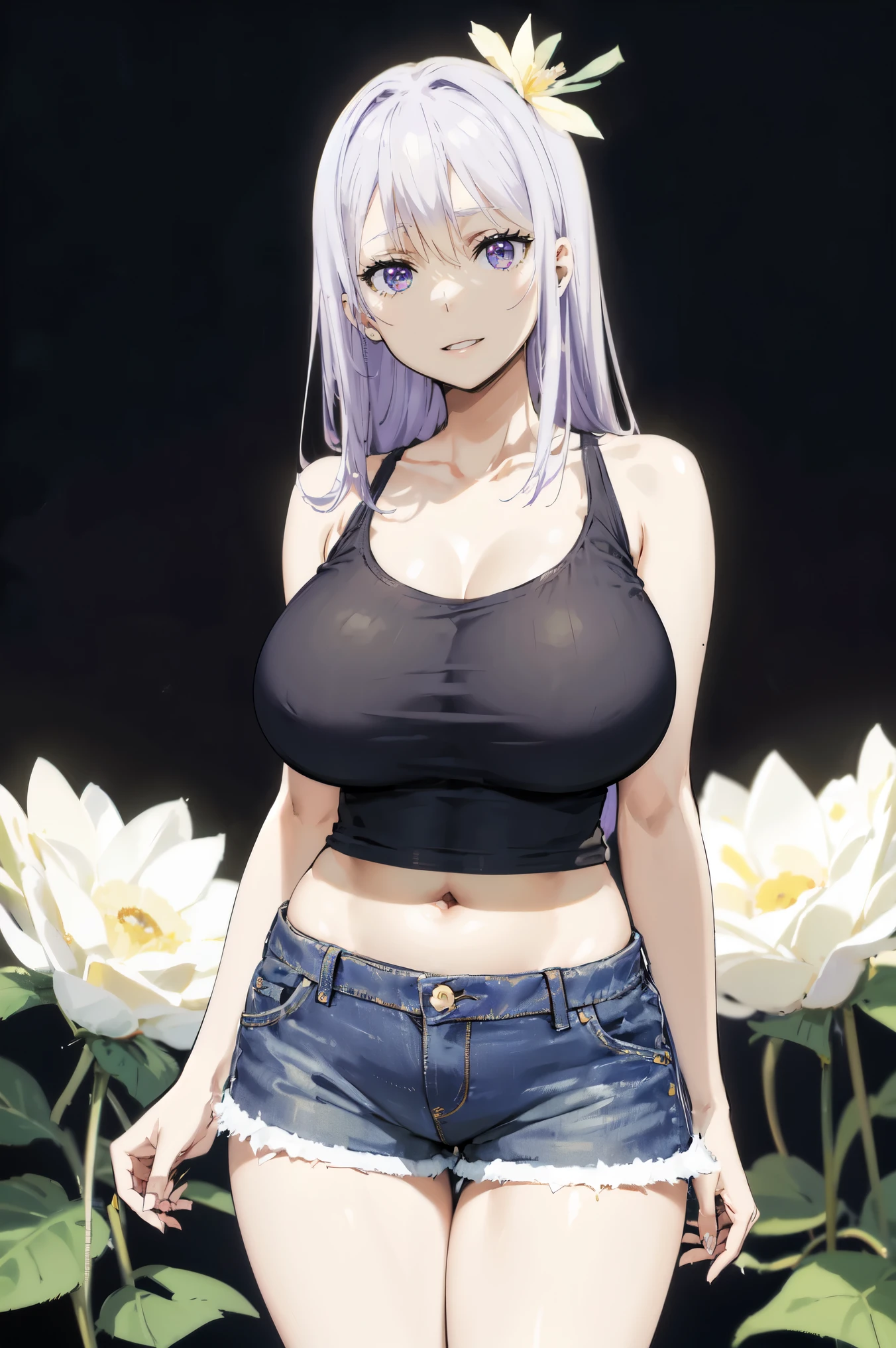 silver hair, very huge tits , (( white tank top, short pants jeans)), ((flower hairclip)), thick, busty, purple eyes, long hair, upperbody, smile, legs, thigh, flower background, navel