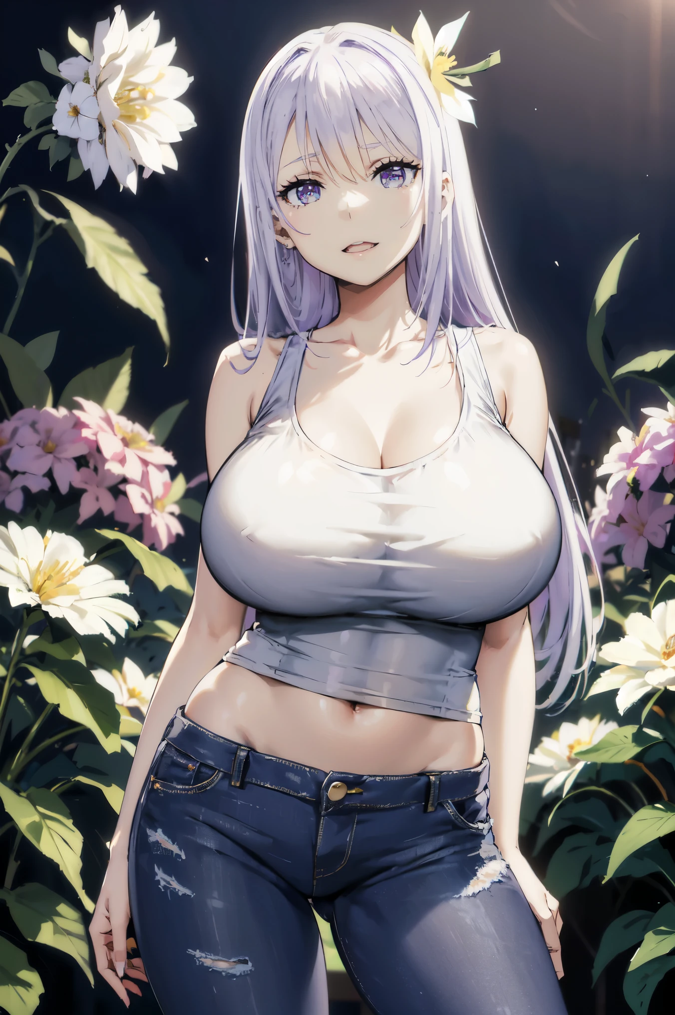 silver hair, very huge tits , (( white tank top, short pants jeans)), ((flower hairclip)), thick, busty, purple eyes, long hair, upperbody, smile, legs, thigh, flower background, navel