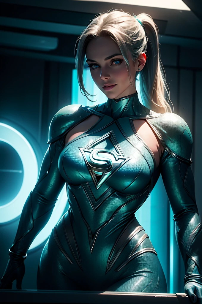 Kara Jor-El, Extremely beautiful, showing off the curves of the body, silver S symbol, green, turquoise and gray bodysuit, little blue shoe, blue gloves, light blonde hair, blue eyes, full lips, pony tail hair, front view, inside a kryptonian ship, , cinematic, realistic, 8k, SMILE, 
