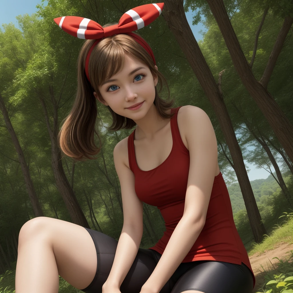 pkmnmay, 1girl, solo, blue eyes, brown hair, bangs, hair ribbon, red hairband, bow hairband,
red shirt, tank top, sleeveless, white shorts, black bike shorts, bike shorts under shorts, bracelet,
smile,closed mouth,cowboy shot,sitting,
forest,outdoor,
(insanely detailed, beautiful detailed face, masterpiece, best quality) cinematic lighting,