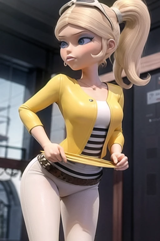 chloe,Chloé is a slender teenage girl of medium height. She has brilliant cobalt blue eyes, pale pink lips, and light honey blonde hair. Her hair is parted in the middle while pulled back into a high ponytail held in place by a white hair tie (thick thighs:1.0, huge breasts:1.0).