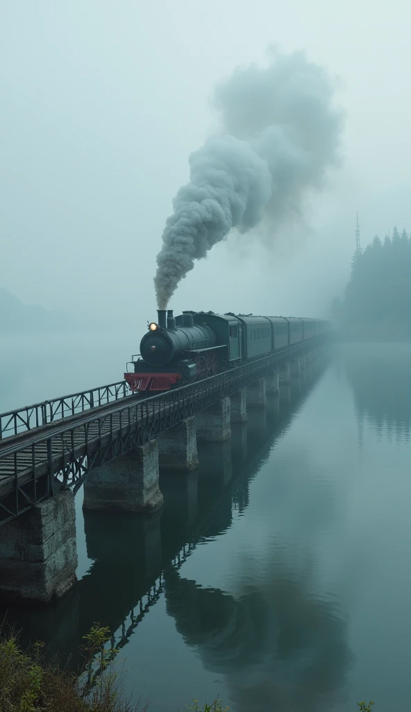 In the thick fog、Steam locomotive running on an iron bridge over a lake、Fantastic and mysterious landscape