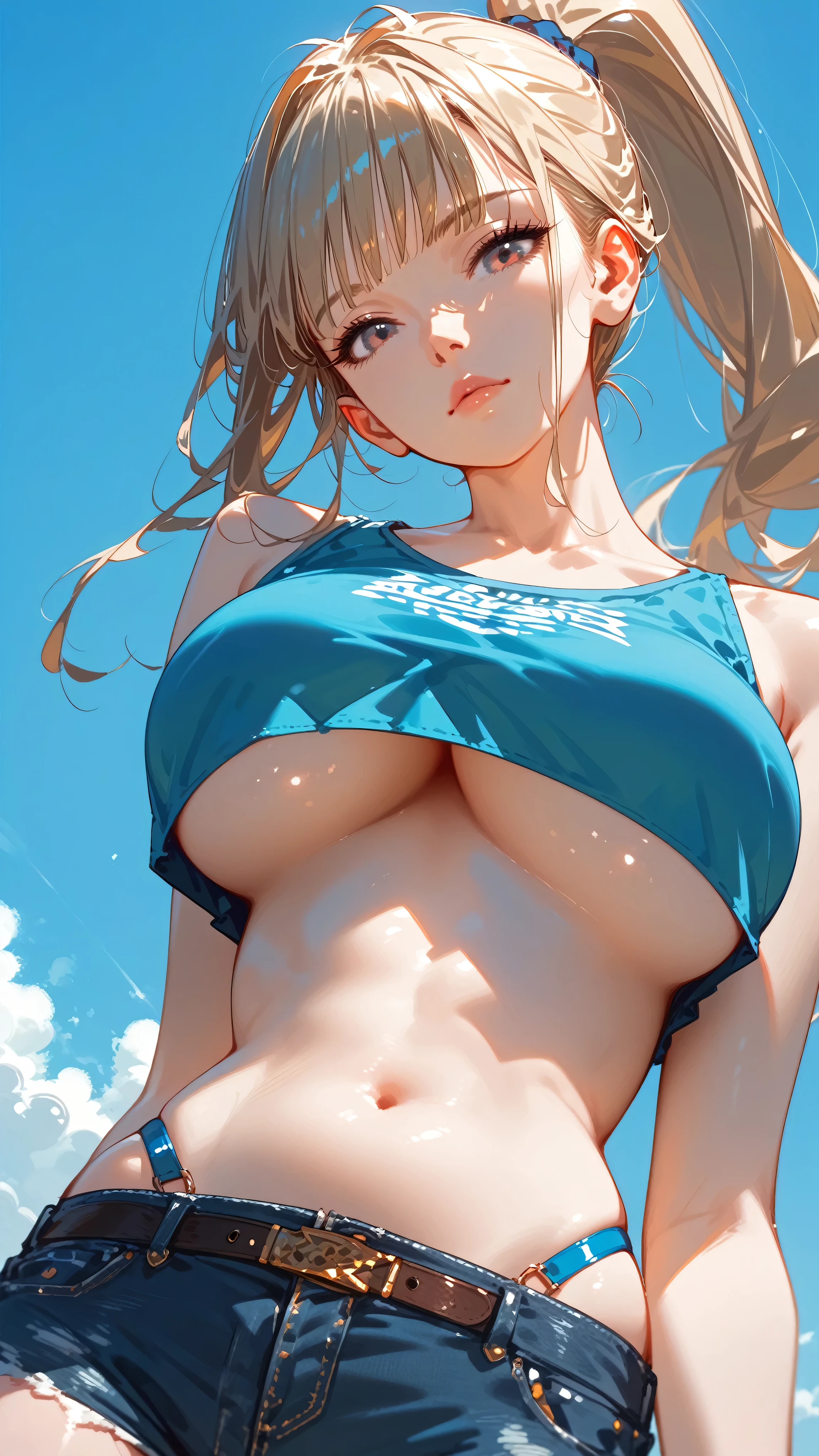 1girl,solo，Blue Background，huge breasts, crop top, short shorts, underboob, High Ponytail，Unbelievably long hair，cowboy shot,,looking at viewer，Simple style，wide angle,Dynamic Angle，(bangs_pinned_back:1.5),(head_tilt:1.7),(curvybody:1.1)，Lively posture，From the front，From below, looking at viewer, 