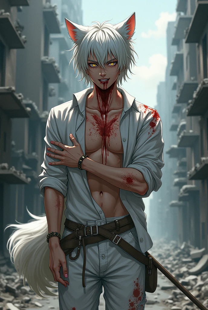 1 men, short white hair, pink eyes, Kitten ears, Hospital Clothes Slightly muscular body, at night, raining, front view, Top of a destroyed building, bruised and bloody body, tired facial expression