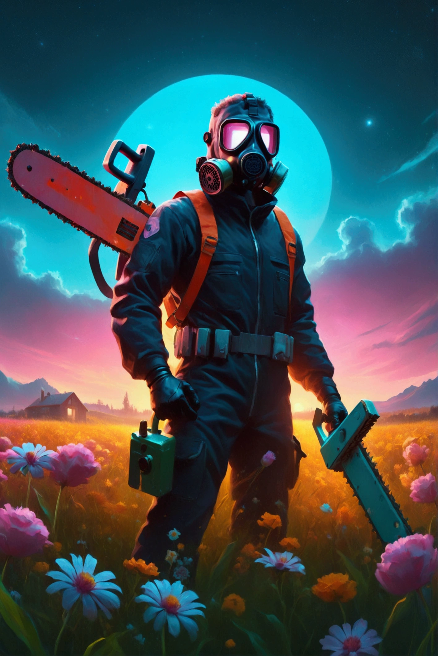  man in gas mask holding a chainsaw in a field of flowers , Aurora in the sky、Cyberpunk Art by Mike "Beeple" Winkelman , Trending on deviantart,  amazing realism ,  retro punk nature wave defender, masterpiece  Spectacular Retrowave Art,  synthwave art style from the 2009 sci-fi 8k film ]!!,  Spectacular Retrowave Art, 