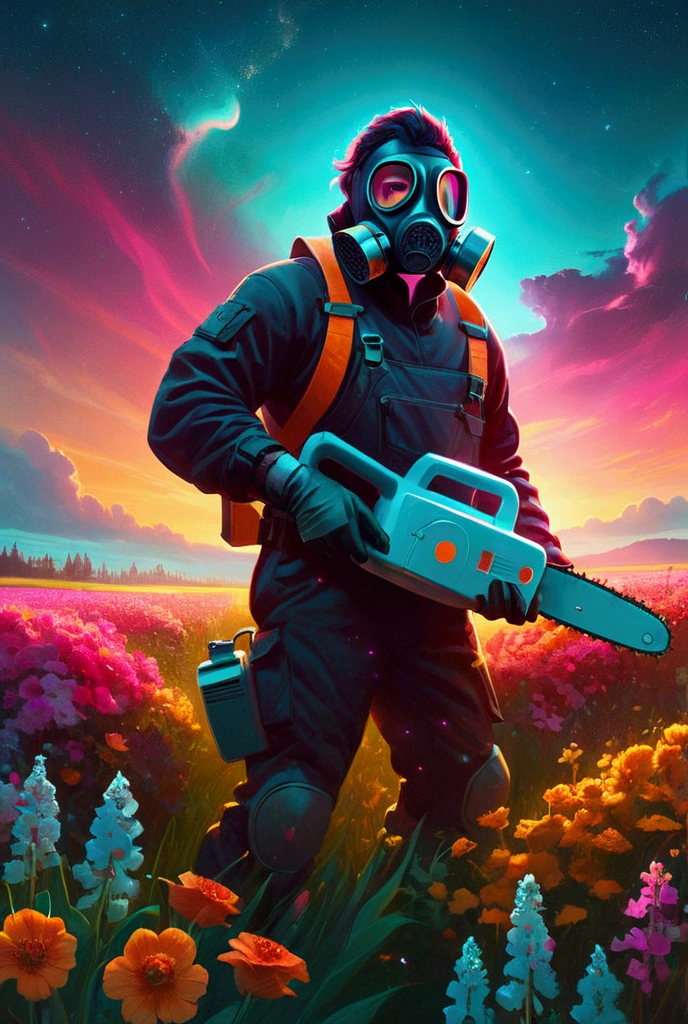  man in gas mask holding a chainsaw in a field of flowers , Aurora in the sky、Cyberpunk Art by Mike "Beeple" Winkelman , Trending on deviantart,  amazing realism ,  retro punk nature wave defender, masterpiece  Spectacular Retrowave Art,  synthwave art style from the 2009 sci-fi 8k film ]!!,  Spectacular Retrowave Art, 