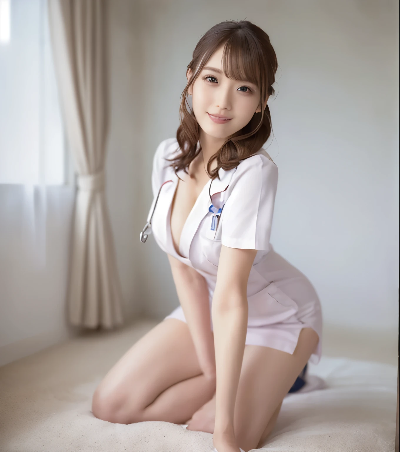 ( ulzzang-6500-v1.1, masterpiece,  best quality:1.3,  Super High Detail 8k :1.2, hyper-realistic:1.35,  original photo:1.2,  best quality,  high resolution , wallpaper, realistic, dramatic,  Halfway Realistic Painting Art :1.3,  1 Nurse , [28 years old,  Pink Nurse ,  White Tight Nurse Dress ，Nurse Clothing:1.3,  Hospital Walk  , Super beautiful, beautiful skin,  detailed face , Symmetrical Face , double eyelids,  Beautiful and Delicate Eyes ,  Friendly Friendly Smile ,  Beautiful Glossy Lips ,  Wrong Teeth ,  Super Short Bobhead ,  Chest Strengthening , Full raised breasts, Emphasize body lines,  beautiful model body， Perfect Style ,Slim waist，Beautiful buttocks，Long Legs， White tender calves ，White nurse shoes，Systemic，Systemic，Systemic，Full body photo:The Perfect Number ，cowboy_shooting, Scenery background, Early morning dawn, Natural soft light )