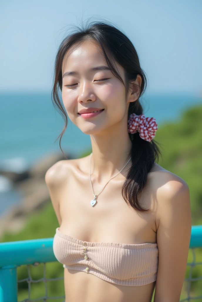 close-up of beautiful korean female, 34 inch breasts size, wearing pig pattern camisole, happy pose, in amusement park, under the sun, bokeh background, Polaroid photo, UHD, gaze looking beyond,red blush,Strong sunshine,delicate and messy hair,realistic skin textures, Pronounced pores and skin wrinkles,((strong light shines on the face)), The upper part of the body, naked portrait, nude photography, detailed armpit, pussy pubic hair, shiny nipple