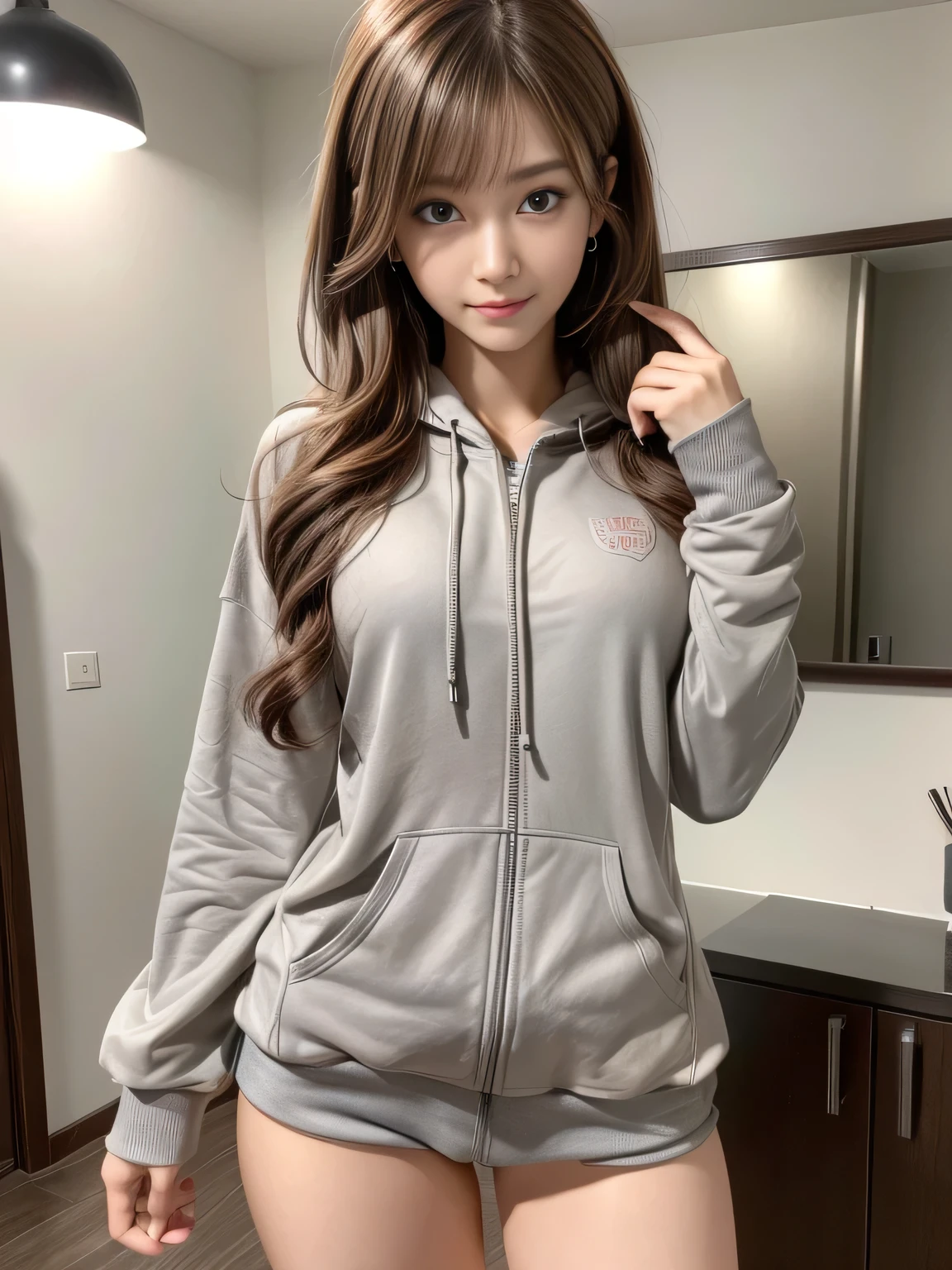 masterpiece, best quality, ultra-detailed, intricately detailed hyperdetailed, realistic, sharp features, highly detailed, sharp focus, (20 years old:1.3), perfect face, perfect symmetrically eyes, perfect full lips, hyper detailed, hyper realistic, high resolution, Fashion Model, Slender, Japanese Idol, (Cute Face:1.2), Red hair, Stylish, Realistic, Photorealistic:1.3, Beautiful Face, light brown hair, messy hair, Beautiful hairstyle, Neat clothes, (Seductive smile:1.2), (Grey Zip Up Hoodies Sweat:1.2), Solid Long Sleeve Hoodies, (hot pants), Yoga