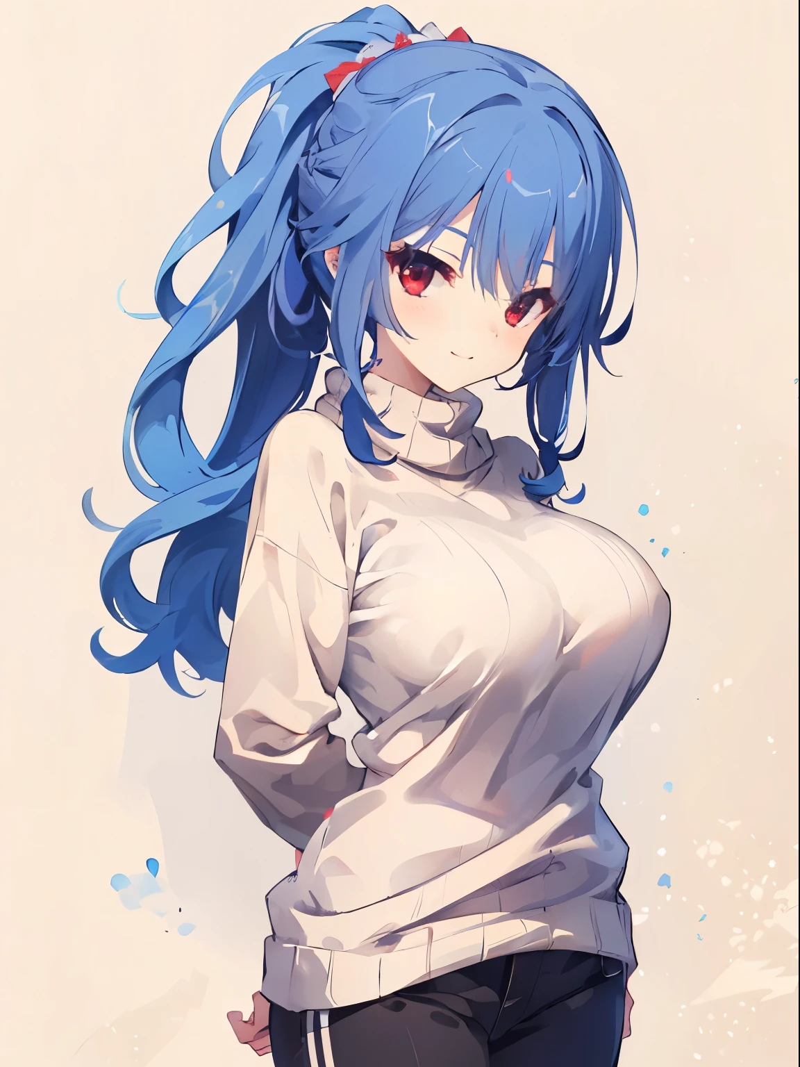 (blush, gentle smile), Russia, 1 girl, upper body, (facing viewer, looking viewer), standing straight, (red eyes, (jitome), (blue hair), ponytail, large breast), (beige sweater), ((black pants)), (gray background), Sharp Focus, (Best Quality, masterpiece, detailed, facial focus), (solo shot), hip, arms behind back